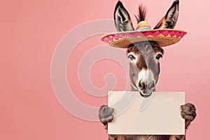 a donkey portrait wearing a sombrero hat and mexican style clothing holding a blank sign