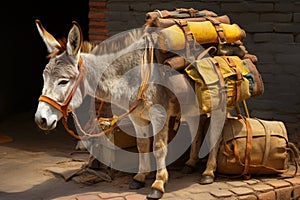 A donkey prepared for transport, complete with a seat and luggage