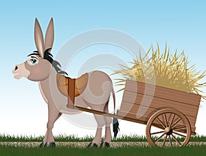 Donkey pulling cart with hay
