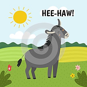 Donkey saying hee-haw print. Cute farm character on a green pasture