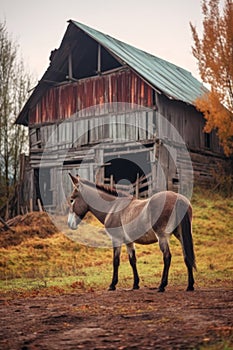 donkey standing near an old rustic barn