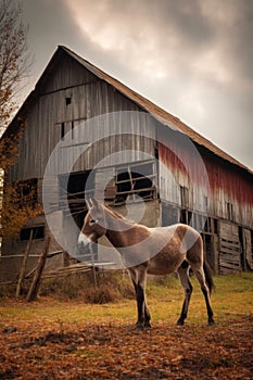 donkey standing beside an old barn