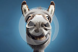Donkey with a stupid smile closeup, wide angle gopro shot on solid blue background. ai generative