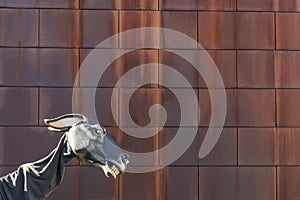 Donkey toy head on a squared orange wall