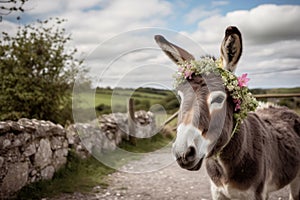 a donkey at a wedding with flowers came to congratulate the bride and groom. A wedding ceremony