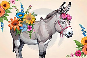 Donkey work friendly animal caricature flowers photo