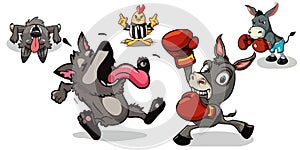 Donkeys boxer knockout wolves chicken referee vector graphics illustration