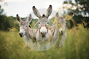 donkeys with perked ears in a lush meadow