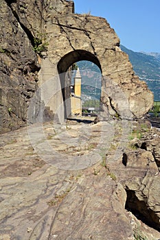 Donnas, Aosta, Aosta Valley,.07-18-2022-The ancient Roman route named Via delle Gallie and its Arch