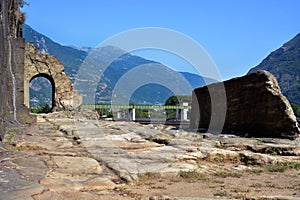 Donnas, Aosta, Aosta Valley,.07-18-2022-The ancient Roman route named Via delle Gallie and its Arch