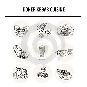 Donner kebeb cuisine Menu doodle icons Vector illustration on chalkboard