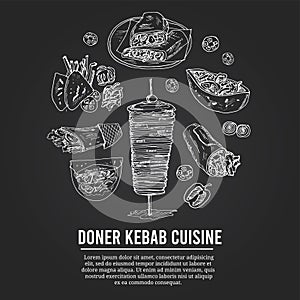 Donner kebeb cuisine Menu doodle icons Vector illustration on chalkboard