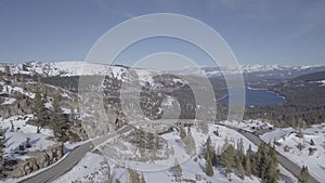 Donner Summit Bridge Aerial Drone with Donner Lake in Distance