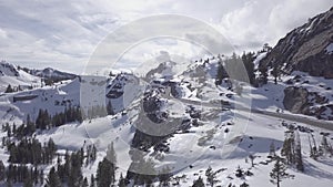 Donner Summit Road Aerial Drone with heavy snow on sunny day