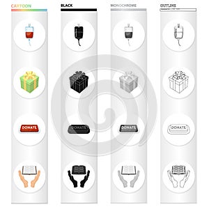 Donor blood, a charitable gift, a donation button, a book. Charity and donation set collection icons in cartoon black