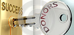 Donors and success - pictured as word Donors on a key, to symbolize that Donors helps achieving success and prosperity in life and photo