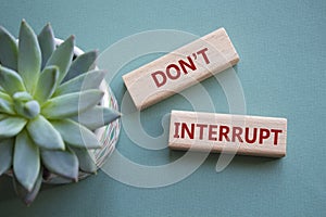 Dont interrupt symbol. Concept word Dont interrupt on wooden blocks. Beautiful grey green background with succulent plant. photo