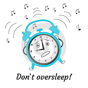 Dont oversleep. Cartoon jumping crazy alarm clock. Vector illustration