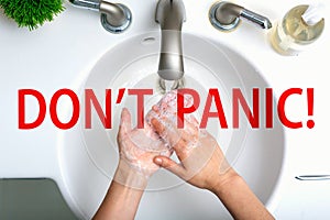 Dont Panic theme with person washing their hands