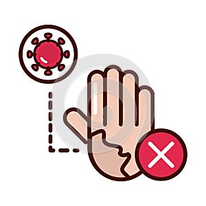 Dont touch hand infected prevent spread of covid19 line and file icon