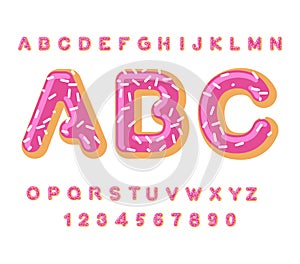 Donut ABC. pie alphabet. Baked in oil letters. icing and sprinkling. Edible typography. Food lettering. Doughnut font