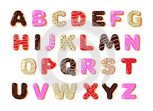 Donut alphabet. Cartoon sweet candy bakery font for logo design, creative funny doughnut ABC typeface uppercase letters