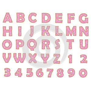 Donut alphabet and numbers on white background. Bakery sweet tasty font. Pink letters and numbers