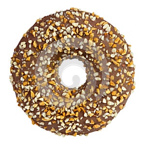 Donut with caramel sprinkled with chopped nuts isolated on white