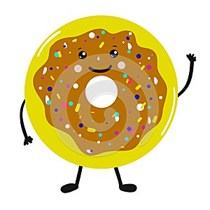 Donut cartoon cute character with sprinkles isolated vector illustration