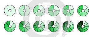 Donut chart segments collection. Wheel diagrams set in green shades color. Outline sections and slices pack. From 1 to