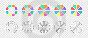 Donut charts set. Circle diagrams divided in 8 sections in flat and graphic variations. Infographic wheels, loading bars