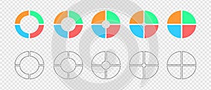 Donut charts. Set of infographic wheels divided in 4 multicolored and graphic sections. Circle diagrams or loading bars