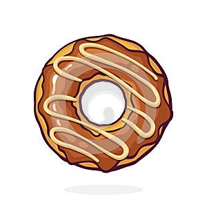 Donut with Chocolate Glaze and Caramel. Dessert Street Food. Vector Illustration. Hand Drawn Cartoon Clip Art With Outline.