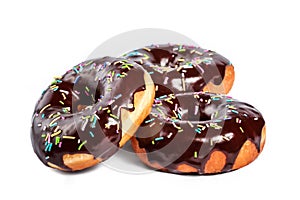 Donut in chocolate glaze with sprinkles isolated on white background