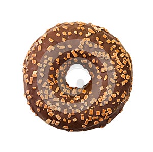 Donut with chocolate icing and sprinkles. Top view.