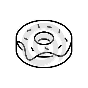 Donut coated with icing, sprinkles thin line icon isolated on white. Glazed dessert, bagel, flour product.