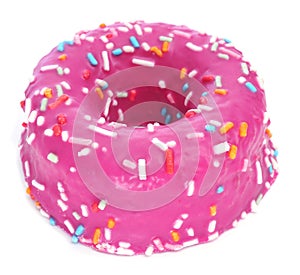 Donut coated with a pink frosting and sprinkles of different col