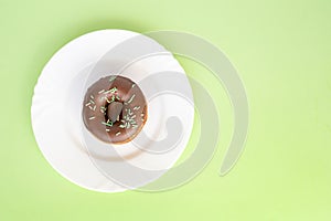 Donut covered with chocolate glaze and sprinkled with green tubes on white plate
