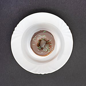 Donut covered with chocolate glaze and sprinkled with green tubes on white plate