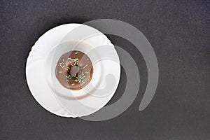 Donut covered with chocolate glaze and sprinkled with green tubes on white plate