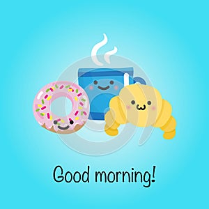 Donut, cup of beverage and croissant with text