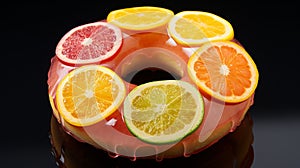 Donut Of Cut Citrus Fruits In The Style Of Howard Schatz And Peter Lippmann With Neon And Poolcore Elements