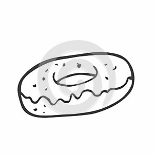 Donut doodle icon, vector doodle illustration of a doughnut with icing and sprinkles, sweet bakery product for a snack and