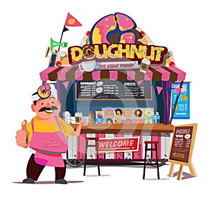 Donut Food booth. Street Food cart concept with merchant character design - vector illustration