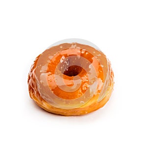 Donut glazed with caramel, isolated on white background. Viewing forty-five degrees