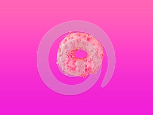 Donut glazed with pink strawberry icing sugar sprinkles floating in air on gradient neon purple violet background. Creative food photo