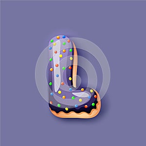 Donut icing dark blue upper latters - L Font of donuts. Bakery sweet alphabet. Donut alphabet latter L isolated on dark