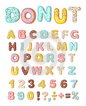 Donut icing latters, font of donuts. Bakery sweet alphabet. Letters and numbers. Donut alphabet and numbers, isolated on