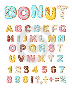 Donut icing latters, font of donuts. Bakery sweet alphabet. Letters and numbers. Donut alphabet and numbers, isolated on photo