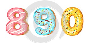 Donut icing numbers digits - 8, 9, 0. Font of donuts. Bakery sweet alphabet. Donut alphabet latters A b C isolated on